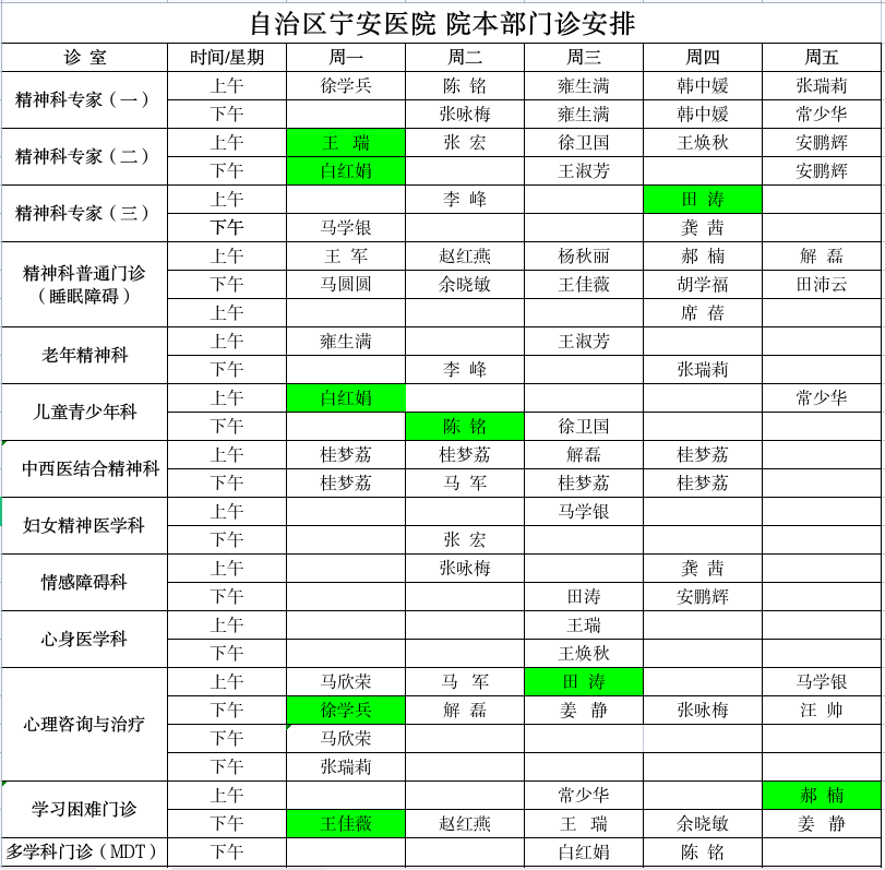 自治區(qū)寧安醫(yī)院門診排班調整通知