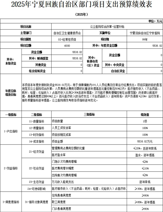 自治區(qū)寧安醫(yī)院2025年項目支出預算績效目標公開